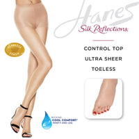 Hanes Silk Reflections Women's Lasting Sheer Control Top Toeless Pantyhose, Buff, G/H