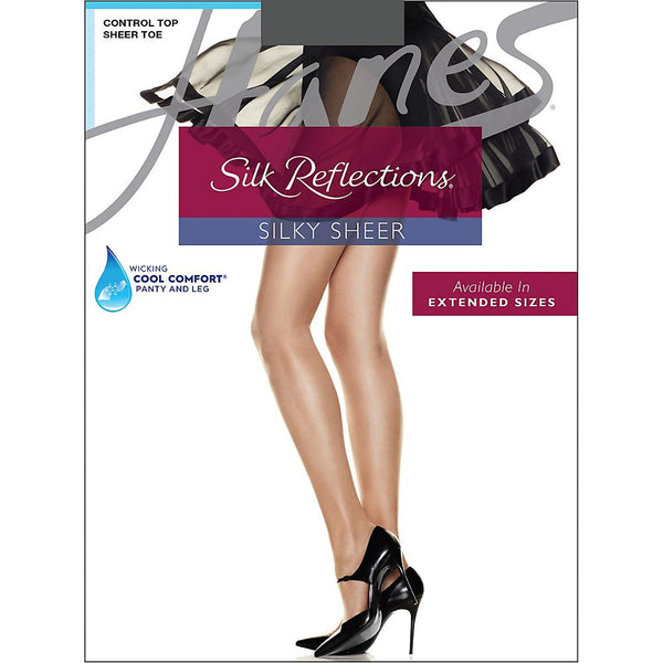 Hanes Women's Control Top Sheer Toe Silk Reflections Panty Hose, Silver Smoke, E/F